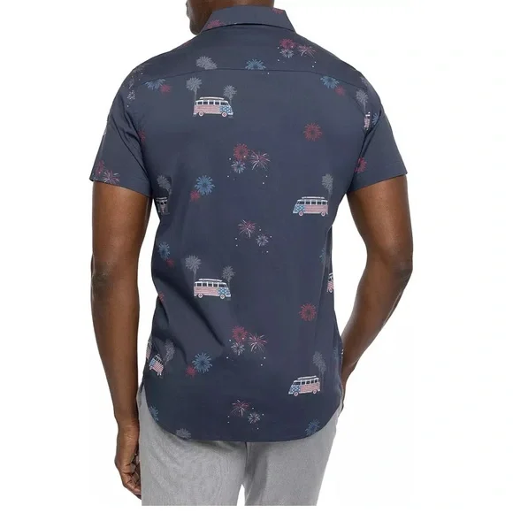 Travis Mathew Men's What Goes Up Button Up Blue American Flag Fireworks Size XL - Picture 2 of 12